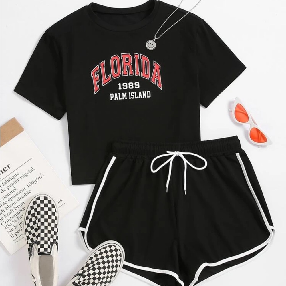 Black Florida Graphic Tee and Shorts Set